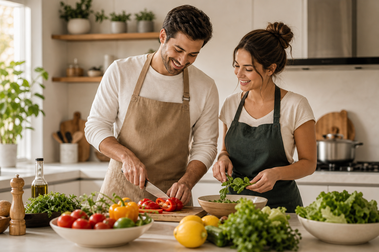 Couple preparing ingredients together in a bright kitchen