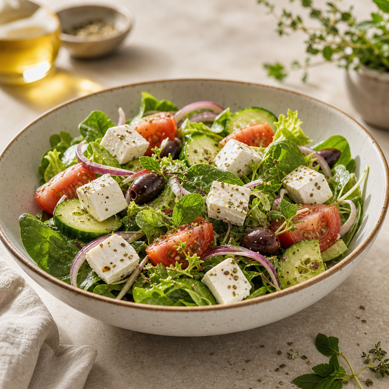 Fresh salad with feta cheese, greens, tomato, and cucumber